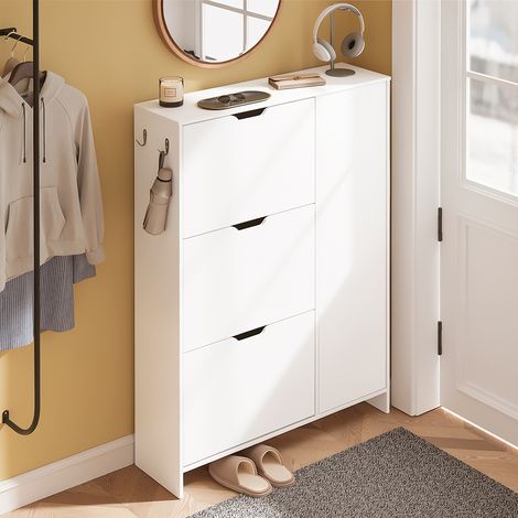 SoBuy Schuhschrank 84 x 24 x 121 cm – Weiß – 3 Klapptüren – 3 Schubladen – Platz für 12 Paar Schuhe