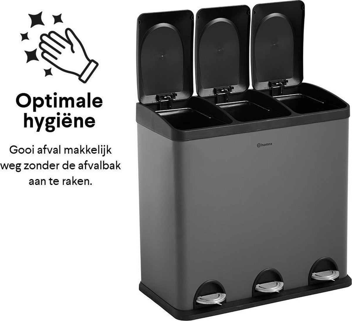 Homra MAXER Mülleimer - 3 Fächer - 60 Liter (3x 20L) - Tret-Abfalleimer - Grau