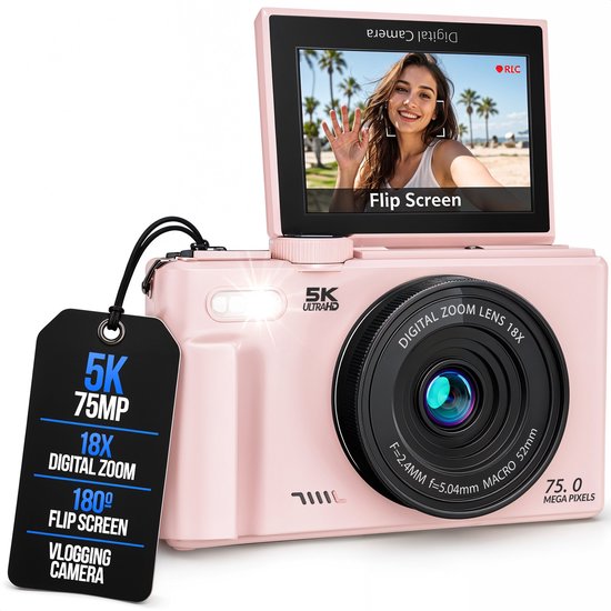 Strex Digitalkamera 5K 75 MP – Fotokamera – Kompaktkamera mit WLAN – Vlog-Kamera – Fotokamera für Kinder – 18-facher Zoom – schwenkbares Display – Rosa