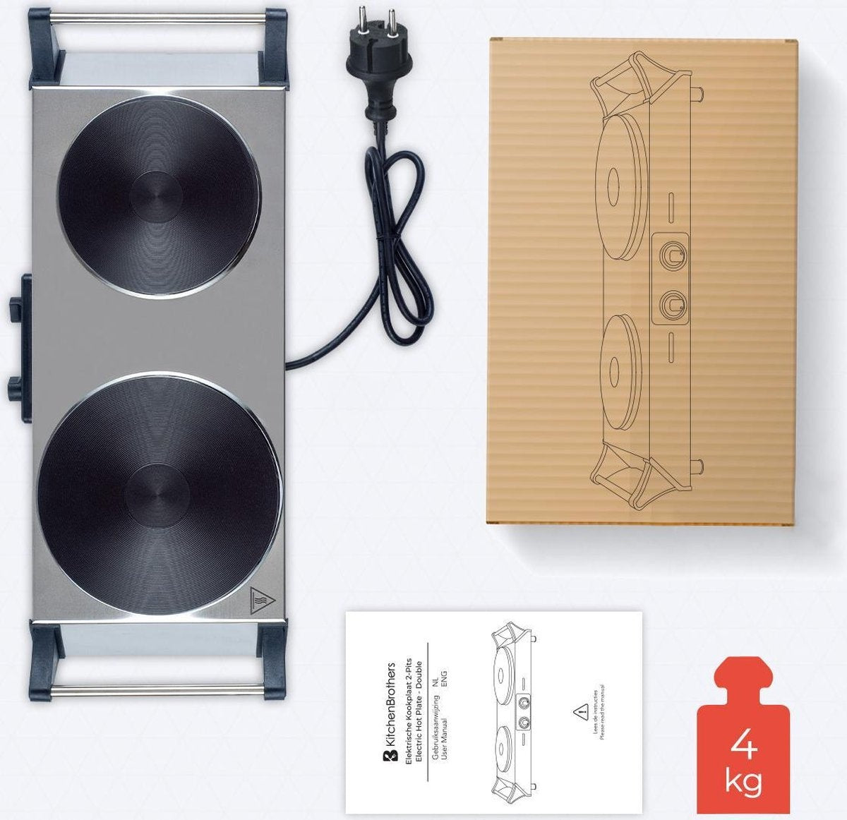 KitchenBrothers Elektrokochfeld - 2 Brenner - 2500W - Edelstahl