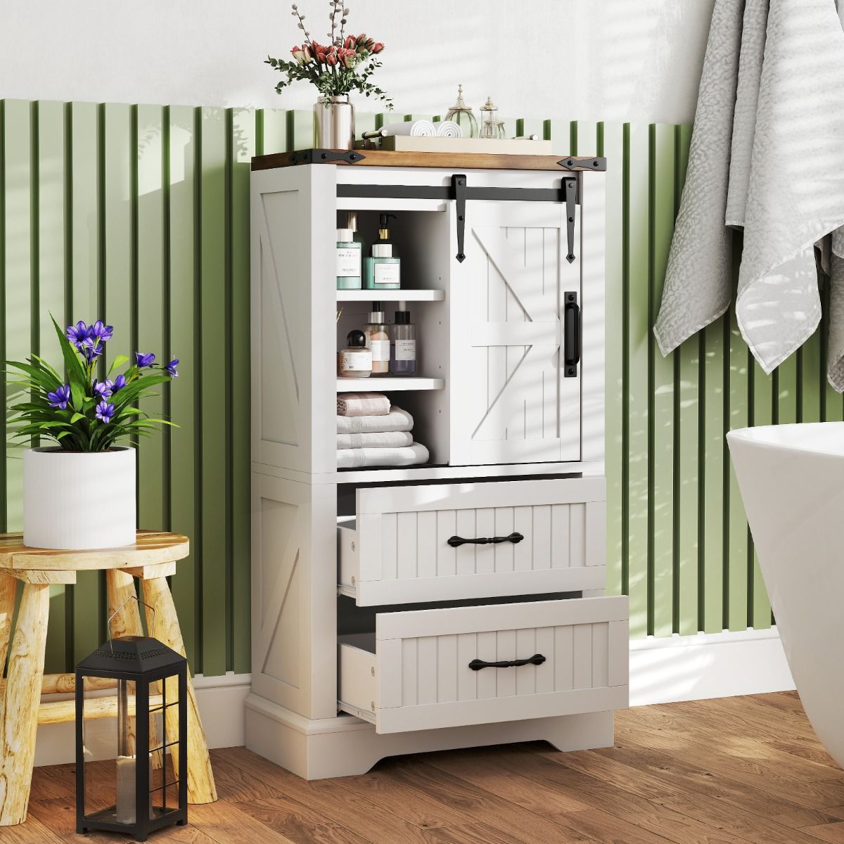 Coast Badezimmerschrank auf Füßen – Schiebetür im Landhausstil – verstellbare Einlegeböden – weiß 59 x 29 x 105 cm