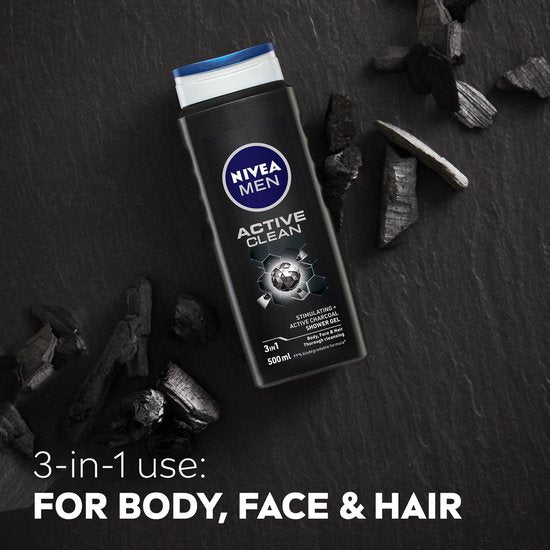NIVEA MEN Active Clean Duschgel - 3-in-1 Duschgel mit natürlicher Aktivkohle - Shampoo - Fertigpackung - 6 x 500 ml