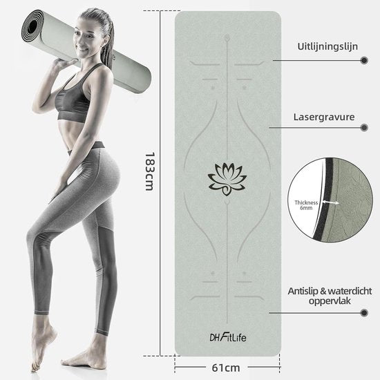 DH FitLife Yogamatte aus TPE, 183 x 61 x 0,6 cm, Fitnessmatte, Trainingsmatte beidseitig rutschfest & umweltfreundlich, Fitnessmatte mit Orientierungslinien (Grau)