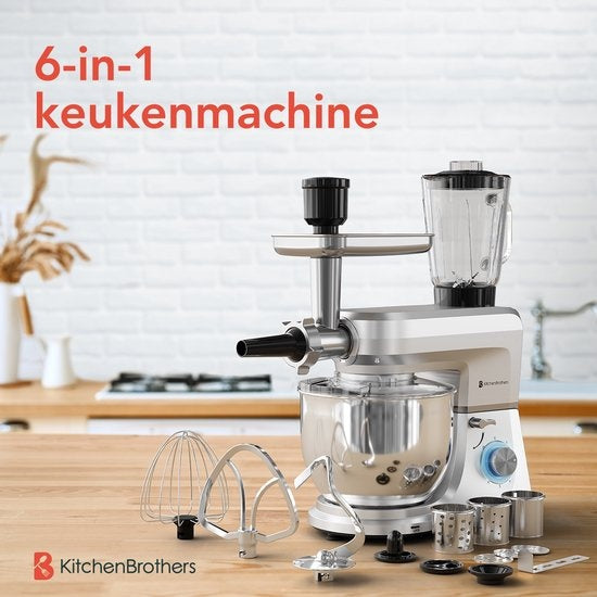 KitchenBrothers Küchenmaschine - Komplettset - 15 Zubehörteile - Küchenroboter - 6L - 1500W - Silber