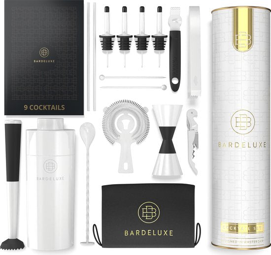 BarDeluxe® Cocktail Set - 12-teilig - Cocktail Shaker 750 ml - Edelstahl - Inklusive luxuriöser Geschenkbox - Aufbewahrungstasche & Rezeptbuch - Weiß