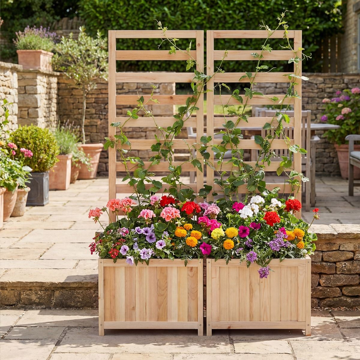 Coast Hochbeet aus Holz mit Klettergitter – mit Abflusslöchern – verstellbare Seitenteile – naturfarben – 123 cm