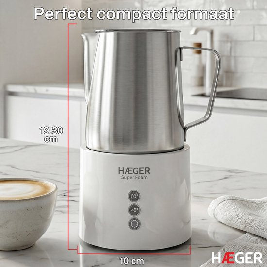Haeger Super Foam Elektrischer Milchaufschäumer – BPA- und PFAS-frei – Warmhaltefunktion und Antihaftbeschichtung – 250 ml – 600 W – Praktischer Milchaufschäumer – Milchaufschläger – Weiß