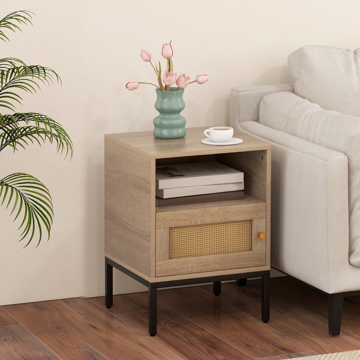 Coast 2-teiliges Set aus Rattan-Nachttischen – offenes Regal und Schrank – Naturholz – 40 x 40 x 57 cm