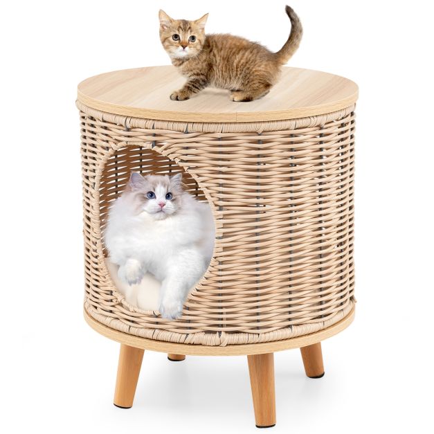 Coast Cat House - Rattan - 36 x 41 cm - Abnehmbares Kissen - Holzbeine - Katzenbett - Katzenmöbel für drinnen - Natur