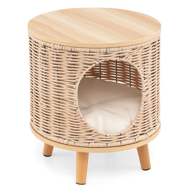 Coast Cat House - Rattan - 36 x 41 cm - Abnehmbares Kissen - Holzbeine - Katzenbett - Katzenmöbel für drinnen - Natur