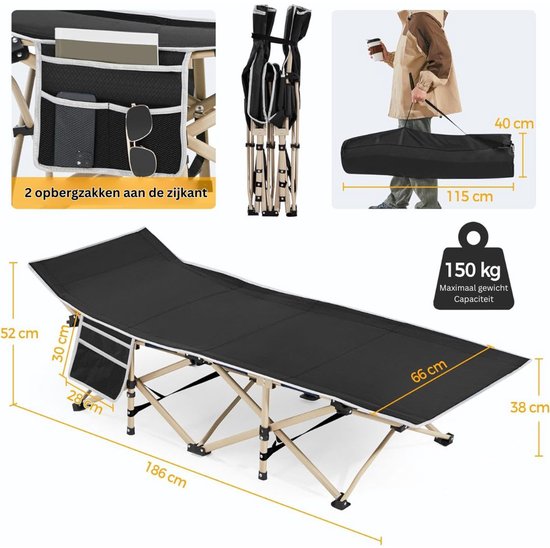 Yaheetech Feldbett 186 x 66 cm – Zusammenklappbares Campingbett – 150 kg – Tragetasche – Schwarz