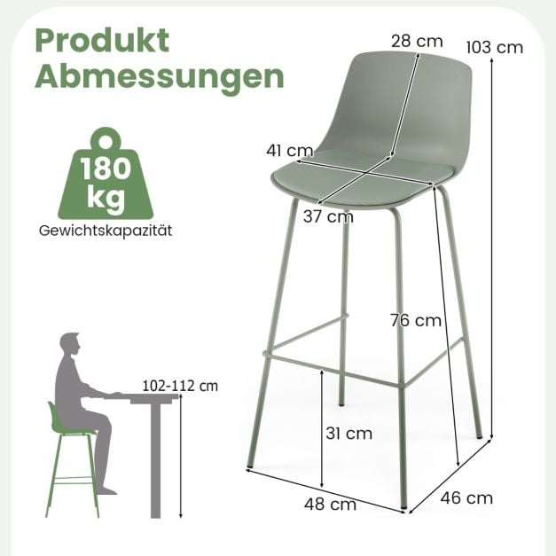 Coast Barhocker 4er Set - Kunstleder mit Rückenlehne 48 x 46 x 103 cm - Grün