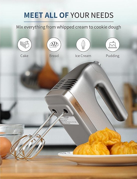 Safecourt Kitchen - Handmixer - Turbo-Funktion - Quirl & Knethaken & Schneebesen - Stahl - Silber