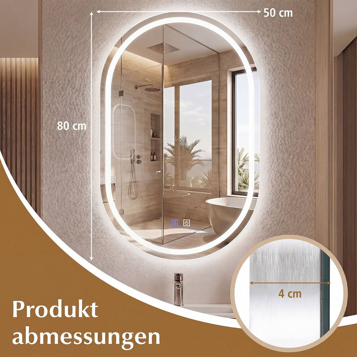 Coast Badezimmerspiegel mit LED-Beleuchtung – ovaler Wandspiegel – Antibeschlagfunktion – silber 50 x 80 cm