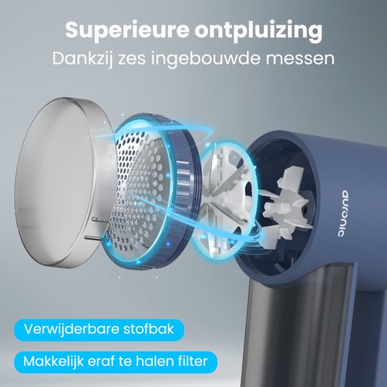 Auronic Electric Lint Remover Pro - Fusselentferner - Akkulaufzeit 120 Minuten - Wiederaufladbar - LED-Anzeige - Entlaubungsgerät - Blau