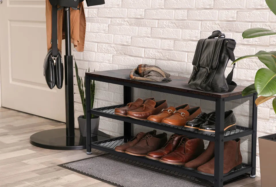 Home & Comfort Schuhregal und Bank 100x30x45 cm - Skandinavisches Design - Holz & Schwarzes Metall