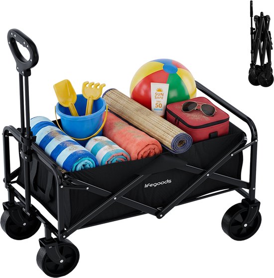 LifeGoods Klappbarer Handwagen – 80 l – 80 kg Tragkraft – 75 x 49 x 70 cm – Zusammenklappbarer Handwagen – Waschbares Polyester – Schwarz