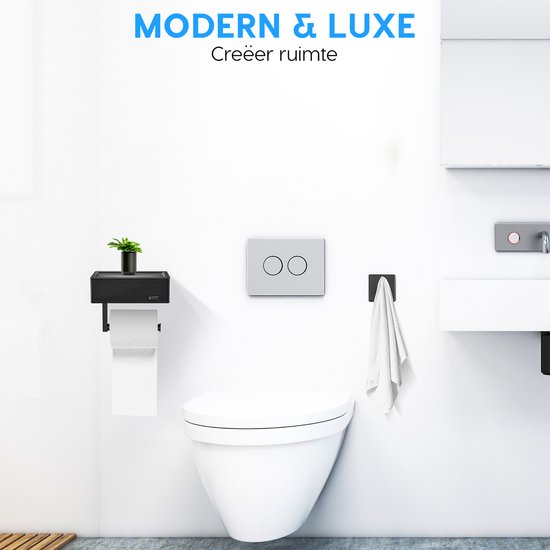 Happy Goods Toilettenpapierhalter mit Ablage und Tablett - Selbstklebend / Bohren - Toilettenpapierhalter Schwarz ohne Bohren - Edelstahl - INCL. Handtuchhaken