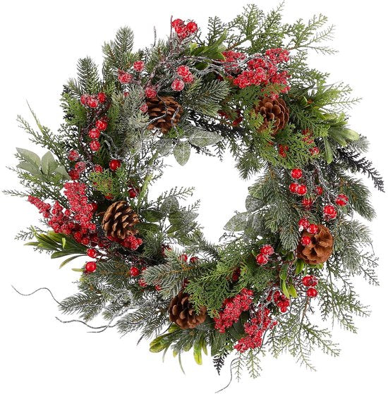 Mica Decorations Randell Weihnachtskranz – Weihnachtsdekoration mit Schneeeffekt – Einfach aufzuhängender Türkranz – Dekoration mit Beeren und Tannenzapfen – Ø 50 cm – Rot