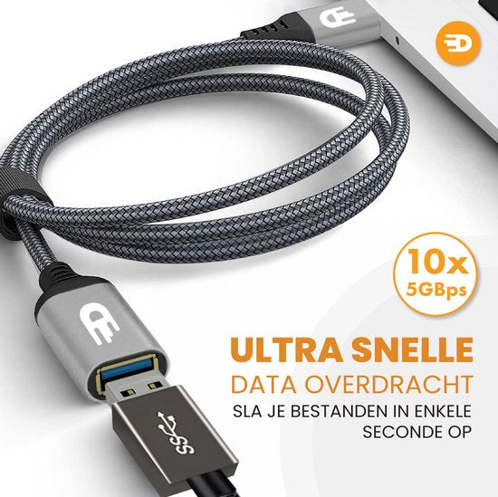 Drivv. Premium USB-Verlängerungskabel 3.0 – Stecker auf Buchse – USB-Datenkabel – Schnelle Datenübertragung – 5 Gbit/s – Nylon – 3 Meter – Grau