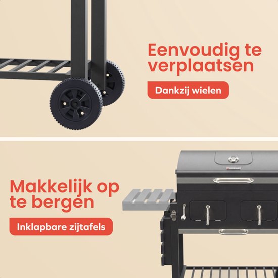 KitchenBrothers Holzkohle-Grill XL – Dual-Zone-Räuchergrill – Mit verstellbaren Kohlerosten und klappbaren Seitentischen – PFAS-frei – Grillfläche 42,3 x 75,8 cm – Schwarz