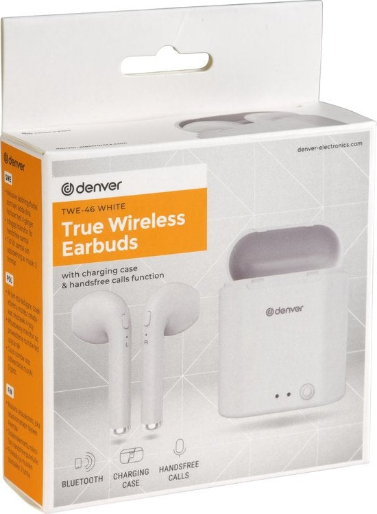 Denver TWE-46 - Ohrhörer - Drahtlos - Drahtlose Ohrhörer - Bluetooth - mit Ladeetui - Freisprecheinrichtung - Sport - Headset - In-Ear - Bluetooth 5.0 - Weiß
