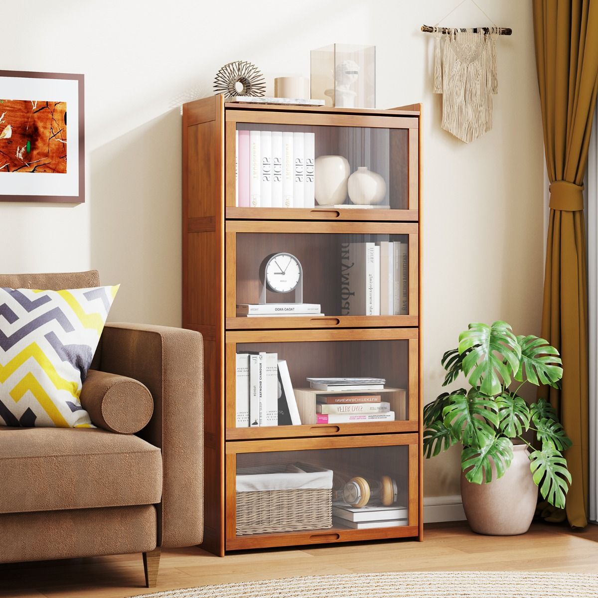 Coast Bücherregal mit 4 Fächern – Bambus – Klapptüren aus Acryl – 69 x 34 x 140 cm – Braun/Natur