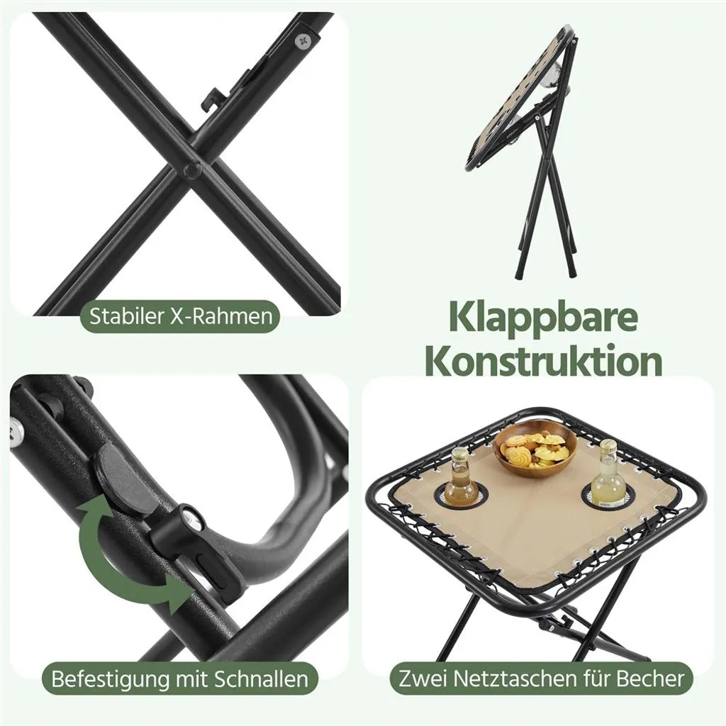 Yaheetech 2er-Set Liegestühle mit Beistelltisch – Beige – Zusammenklappbare Zero-Gravity-Gartenliegestühle mit Kopfkissen und Getränkehaltern