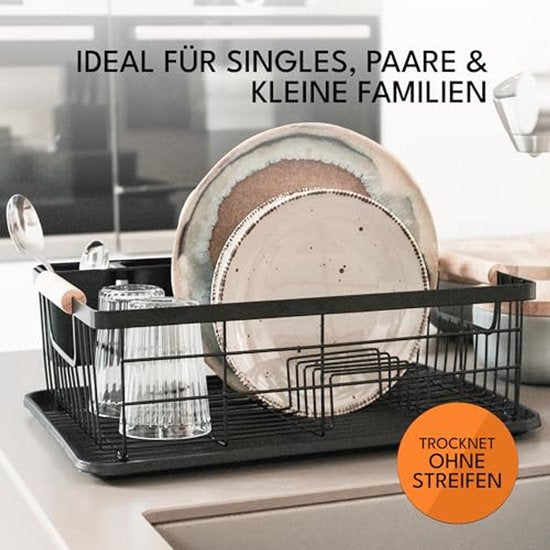 JOHSEATY Geschirrständer mit Holzgriff - 42 x 32 cm, rostfrei mit Besteckhalter, Geschirrständer, Geschirrständer, Küchengeschirrständer, Geschirrständer