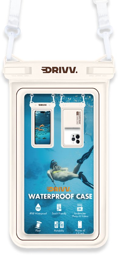 Drivv. Luxuriöse wasserdichte Handyhülle – schwimmfähig – doppelter Clipverschluss – für Handys bis zu 6,8 Zoll – Unterwasser-Handyhülle – Beige