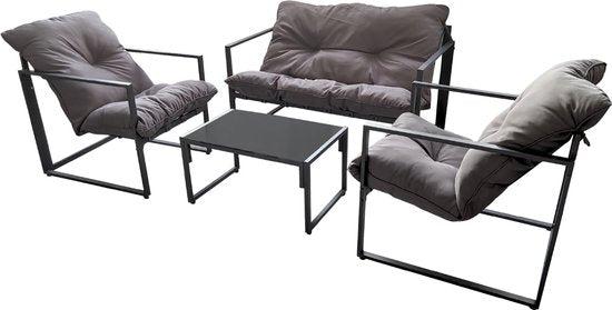 O'DADDY® Lounge Set für 4 Personen - Inklusive Kissen - Gartenmöbelset - Glastisch - Metall - dunkelgrau