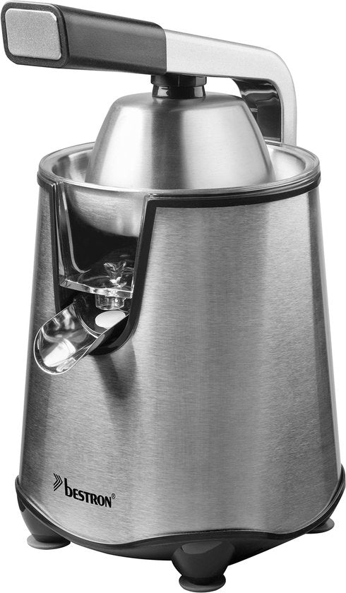 Bestron Elektrische Zitruspresse – ACJ600SS – 200 W – inkl. 2 Presskegeln, Fruchtfleischfilter, Tropfstopp, Presshebel – Silber – 5 Jahre Garantie
