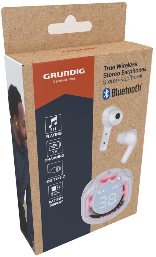 Grundig Earbuds TWS Transp. White – Kabellose In-Ear-Kopfhörer mit Bluetooth 5.4 – Hi-Res-Audio – Smartcase mit digitaler Akkustandsanzeige – Verschiedene Ohrstöpsel – Transparent/Weiß