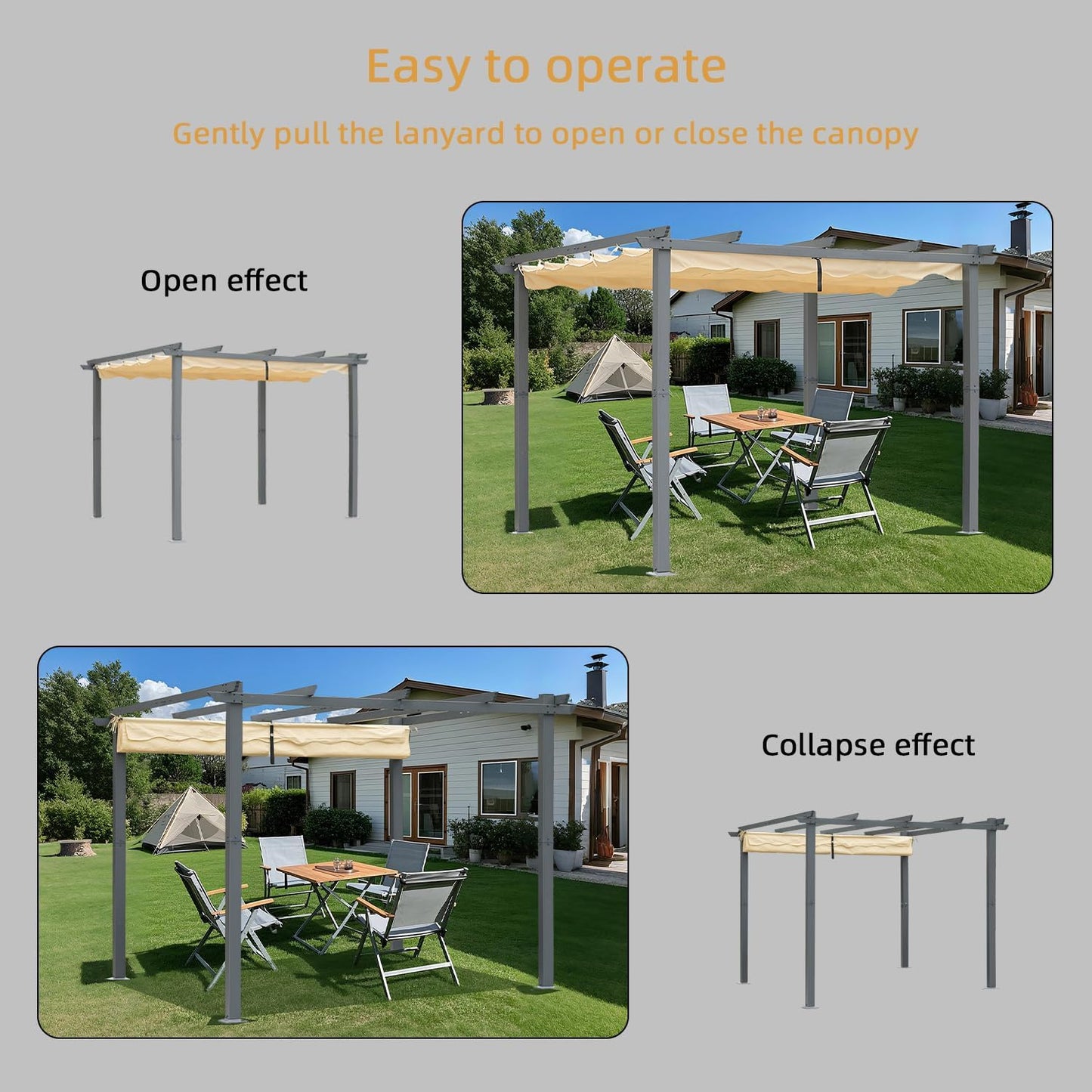 Angel Living Aluminium-Terrassenpergola mit einziehbarem Dach – 3 x 4 m – Beige