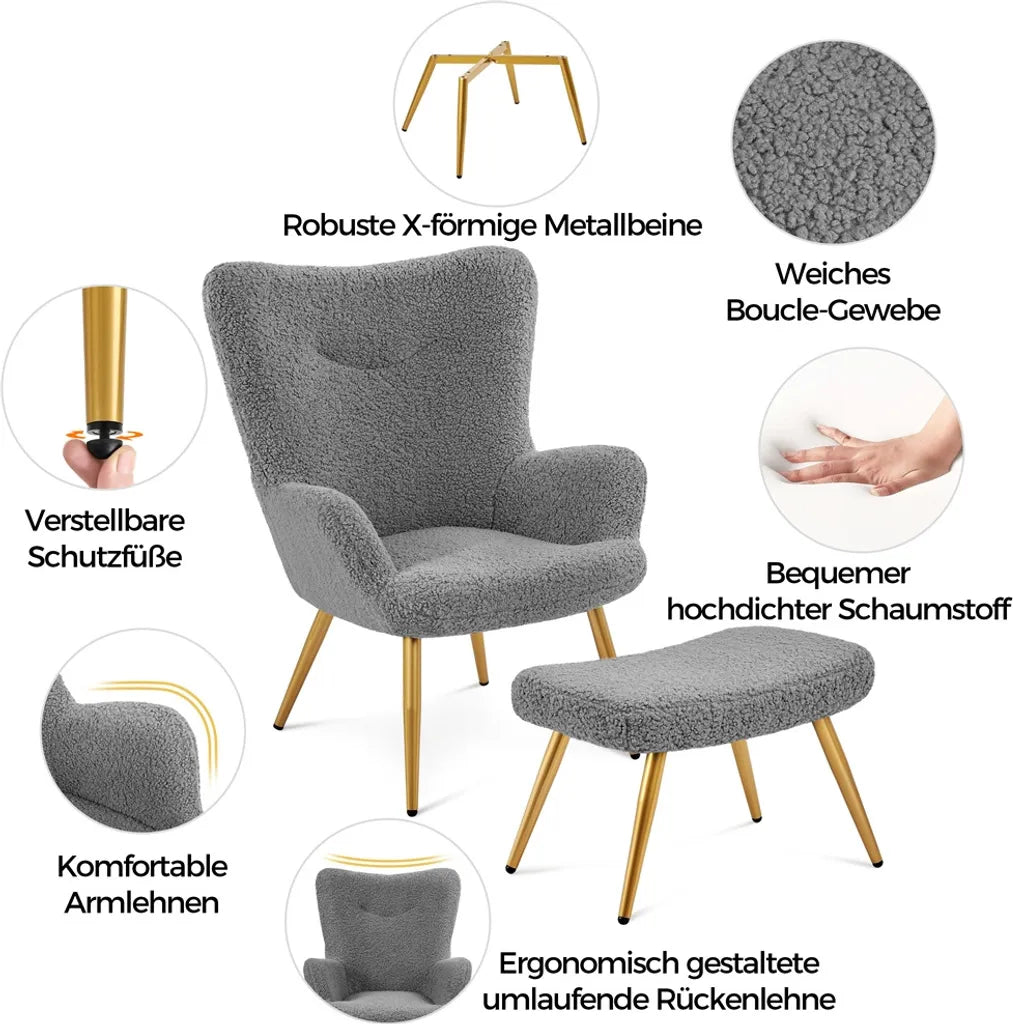 Yaheetech Ohrensessel - Fußhocker - 70 x 67,5 x 97,5 cm - Grau