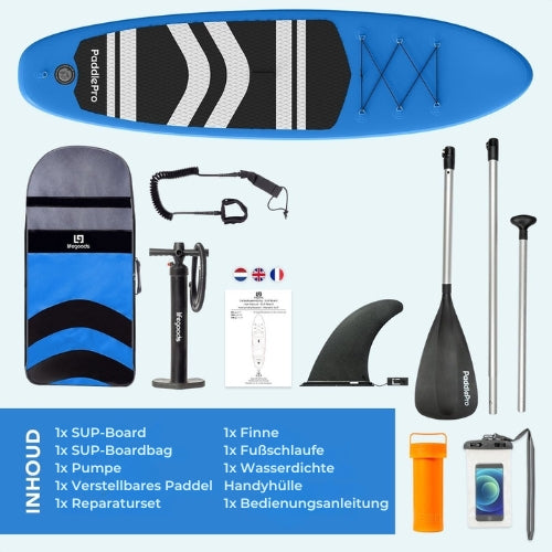 LifeGoods - SUP Board - Aufblasbares Paddle Board - Komplettset - Max. 135KG - 320x81cm - Blau