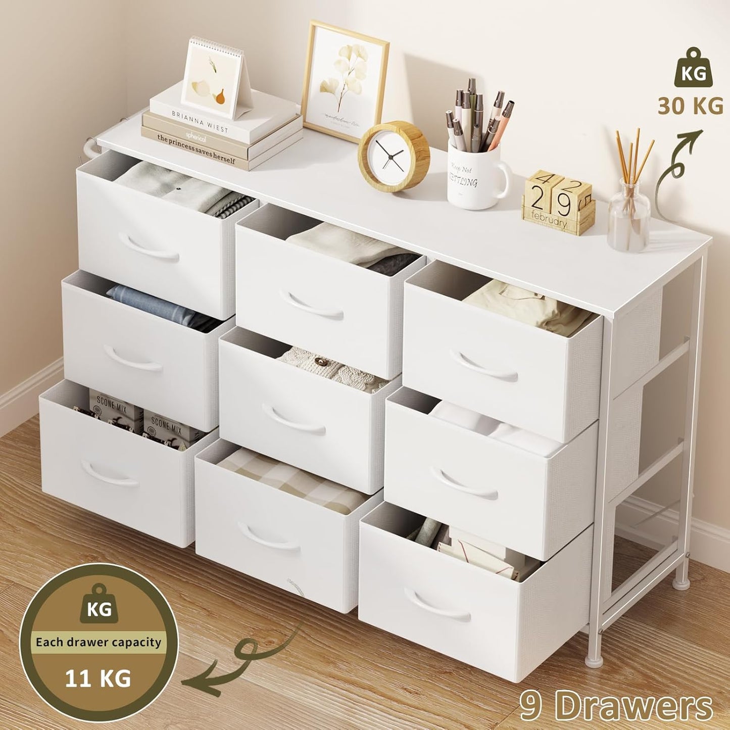Leader Accessories Kommode mit 9 Schubladen aus Stoff für Flur und Wohnzimmer – 100 x 30 x 65 cm – Weiß