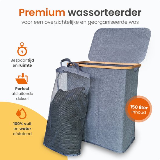 Goliving Wäschesortierer 3 Boxen - 150L - Faltbarer Wäschekorb mit Deckel - 3 herausnehmbare Taschen mit farbigen Etiketten - 57 x 37 x 66 cm - Grau