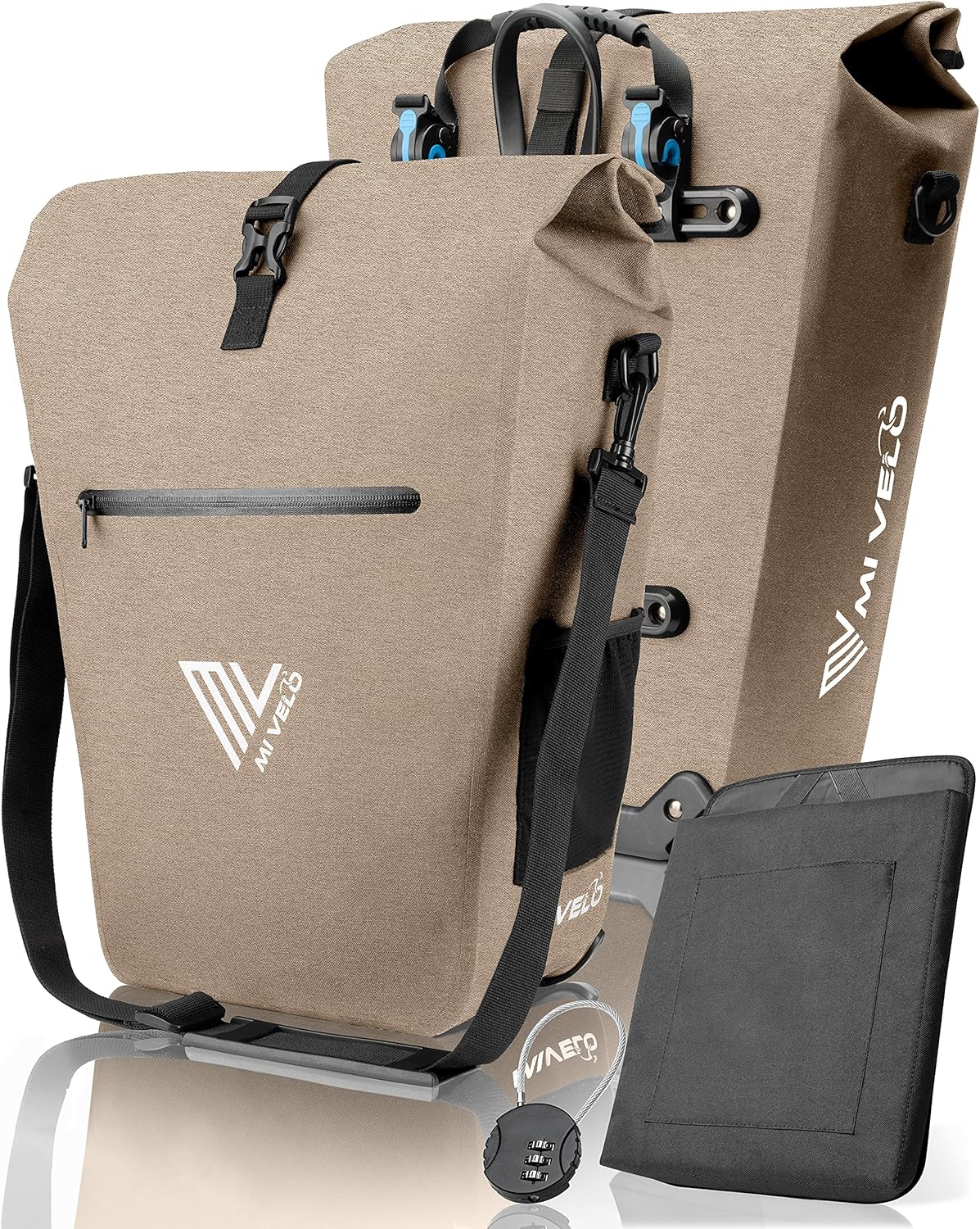 MIVELO Fahrradtasche für den Gepäckträger – 100 % wasserdicht, PVC-frei, Laptopfach, sandbeige