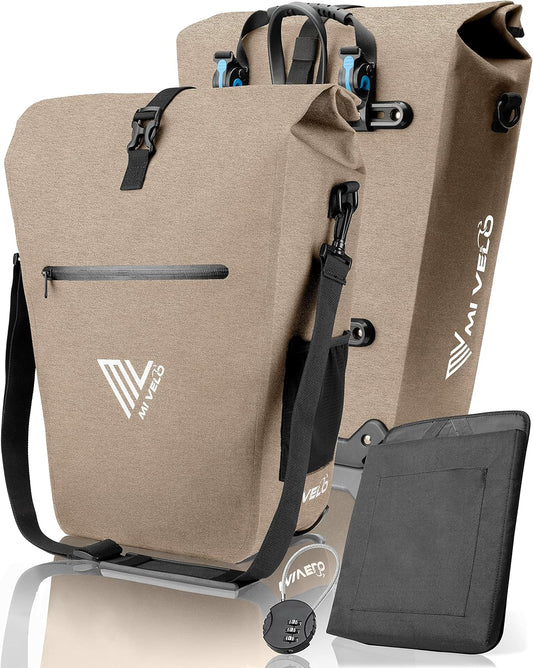 MIVELO Fahrradtasche für den Gepäckträger – 100 % wasserdicht, PVC-frei, Laptopfach, sandbeige