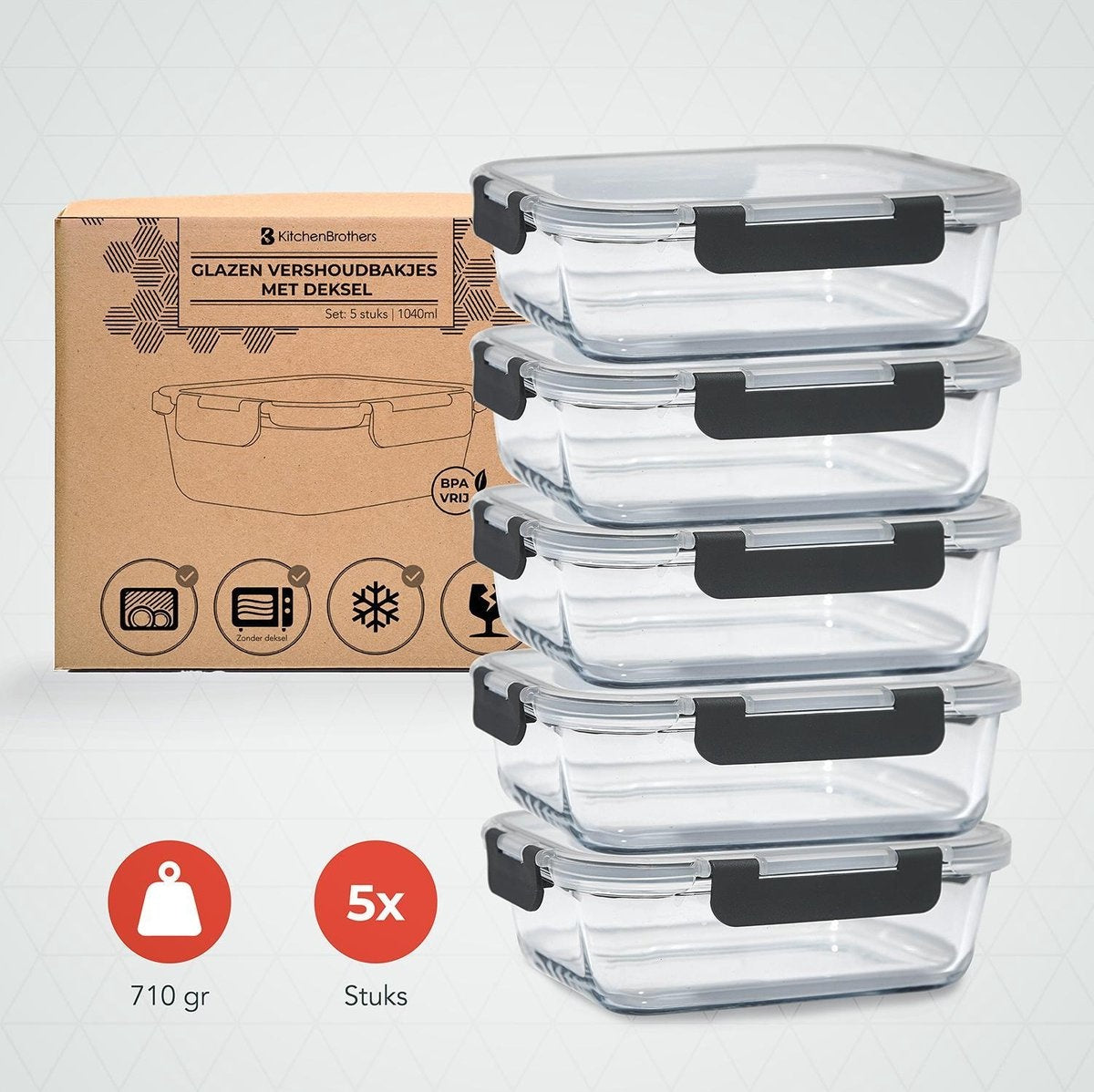 KitchenBrothers Meal Prep Trays - Frische-Schalen-Set - luftdicht - BPA-frei - 1L - Glas - 5 Stück