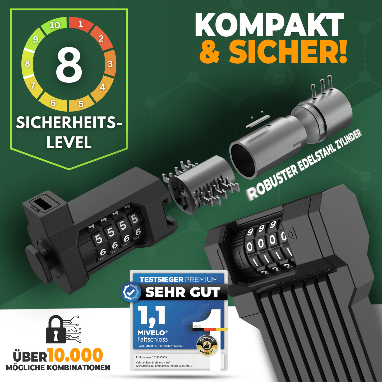 MIVELO Faltschloss mit Zahlencode - 85 cm lang - Sicherheitsstufe 08/10 - Kohlenstoffstahl - Schwarz