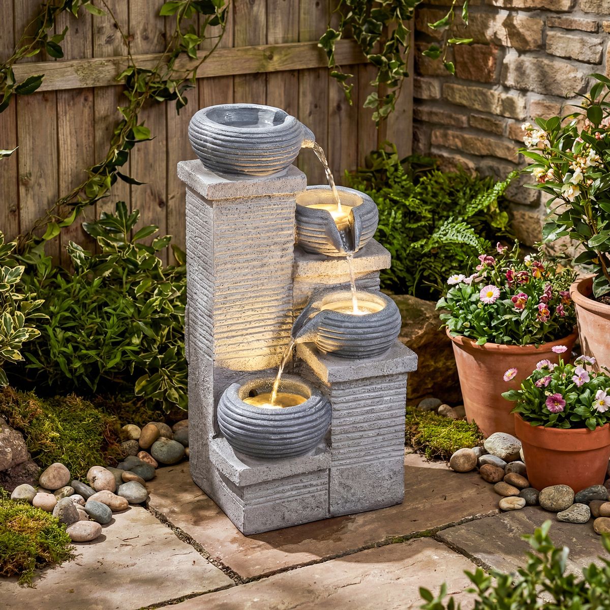 Coast Gartenbrunnen mit LED-Beleuchtung – Vierstufiger Wasserfall – Kunstharz und Glasfaser – Grau 28 x 22 x 58 cm