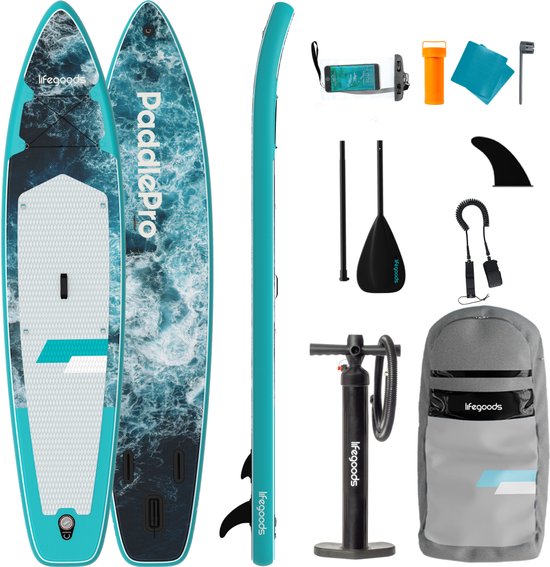 LifeGoods SUP Board Touring - 165 KG Belastbarkeit - 365 x 76 cm - Aufblasbar - Komplettes SUP Paket - Dunkelblau