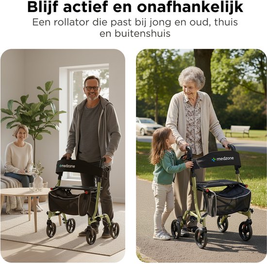 Medzone Rollator leicht und faltbar - Sitzfunktion - für drinnen und draußen - Rückenlehne und Gehstockhalterung - Champagner - Gold