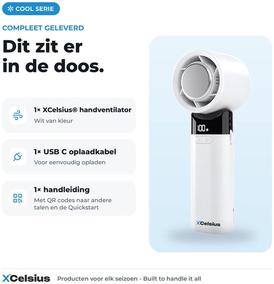 XCelsius® Handventilator – Tragbarer, zusammenklappbarer Mini-Ventilator – Über USB-C aufladbar – Stufenlos von 0 % bis 100 % einstellbar – Mit Sofort-Kühlplatte – Weiß