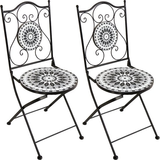AXI Amélie Bistro-Stühle – Zusammenklappbar – Schwarz/Weiß – Zusammenklappbare Gartenstühle aus Metall – Hohe Rückenlehne – 2er-Set – Mosaik-Optik – Mit Keramikfliesen eingelegt – 150 kg Tragkraft – Garten, Terrasse oder Balkon