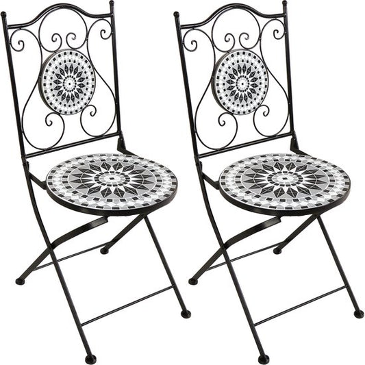 AXI Amélie Bistro-Stühle – Zusammenklappbar – Schwarz/Weiß – Zusammenklappbare Gartenstühle aus Metall – Hohe Rückenlehne – 2er-Set – Mosaik-Optik – Mit Keramikfliesen eingelegt – 150 kg Tragkraft – Garten, Terrasse oder Balkon