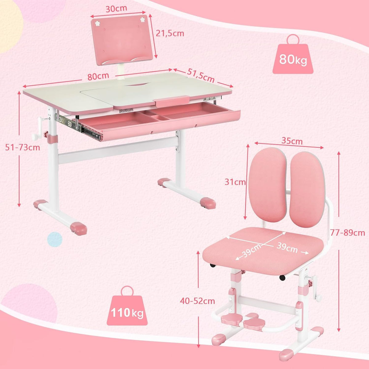Coast Kinderschreibtisch mit Stuhl - Höhenverstellbar - Max. 110 kg - 80 x 52 x 73 cm - Rosa