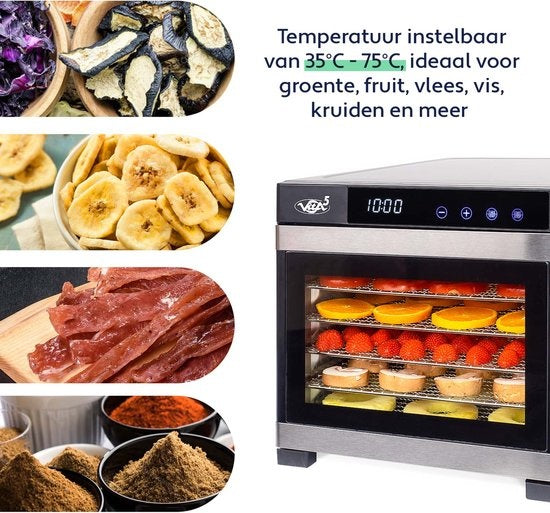 Vita5 Nobel PRO 6 Food dehydrator - Dörrgerät - Edelstahl - 24-Stunden-Timer - LED-Kontrollfeld - Dehydrator - 6 Schichten